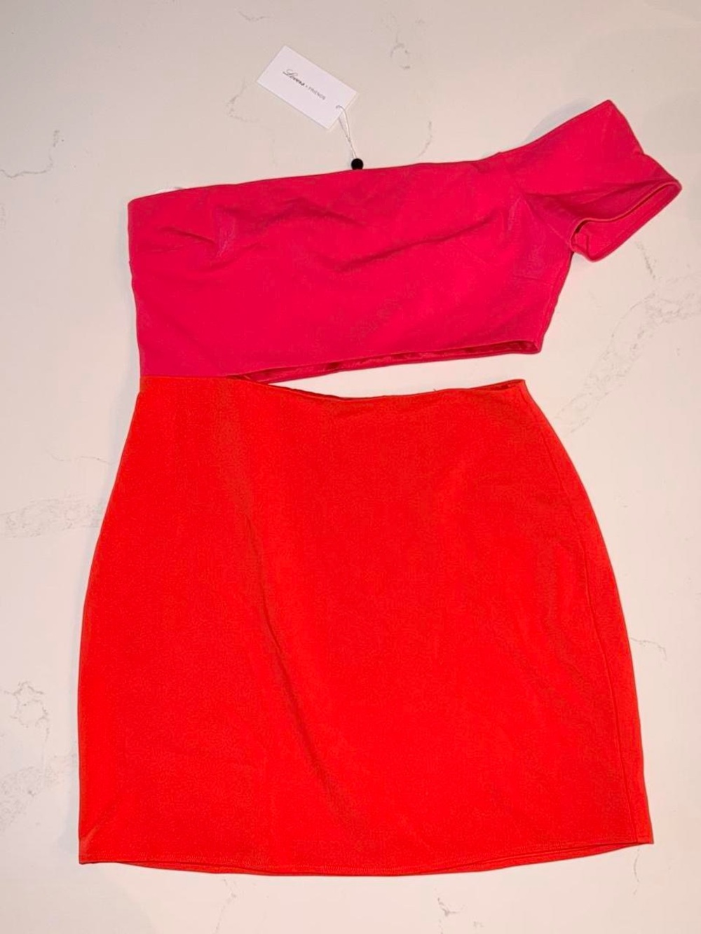 Two-Tone Cutout Mini Dress in Magenta and Orange - Picture 2 of 4
